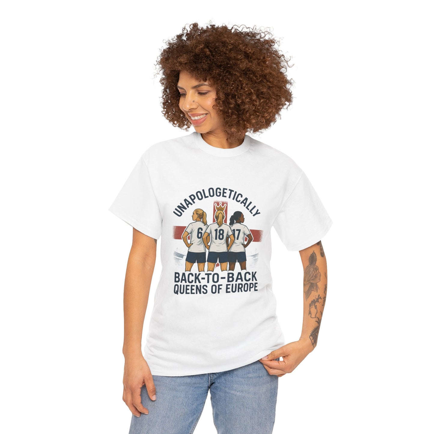 Unisex t-shirt celebrating the England Lionesses' UEFA Euro 2025 victory, featuring a bold graphic of three players in front of the St. George’s Cross. A standout piece of women’s football merch with the slogan ‘Unapologetically Lionesses – Back-to-Back Queens of Europe.’