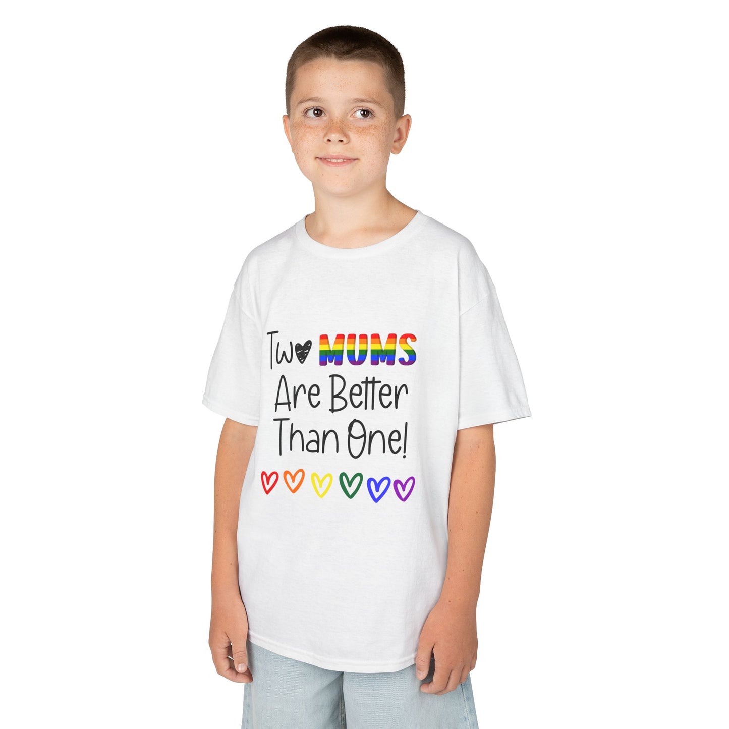 Children’s Pride t-shirt with the playful phrase, “Two Mums Are Better Than One” in bold, text. The design features rainbow elements and a playful, kid-friendly style, celebrating same-sex parents with pride and love.