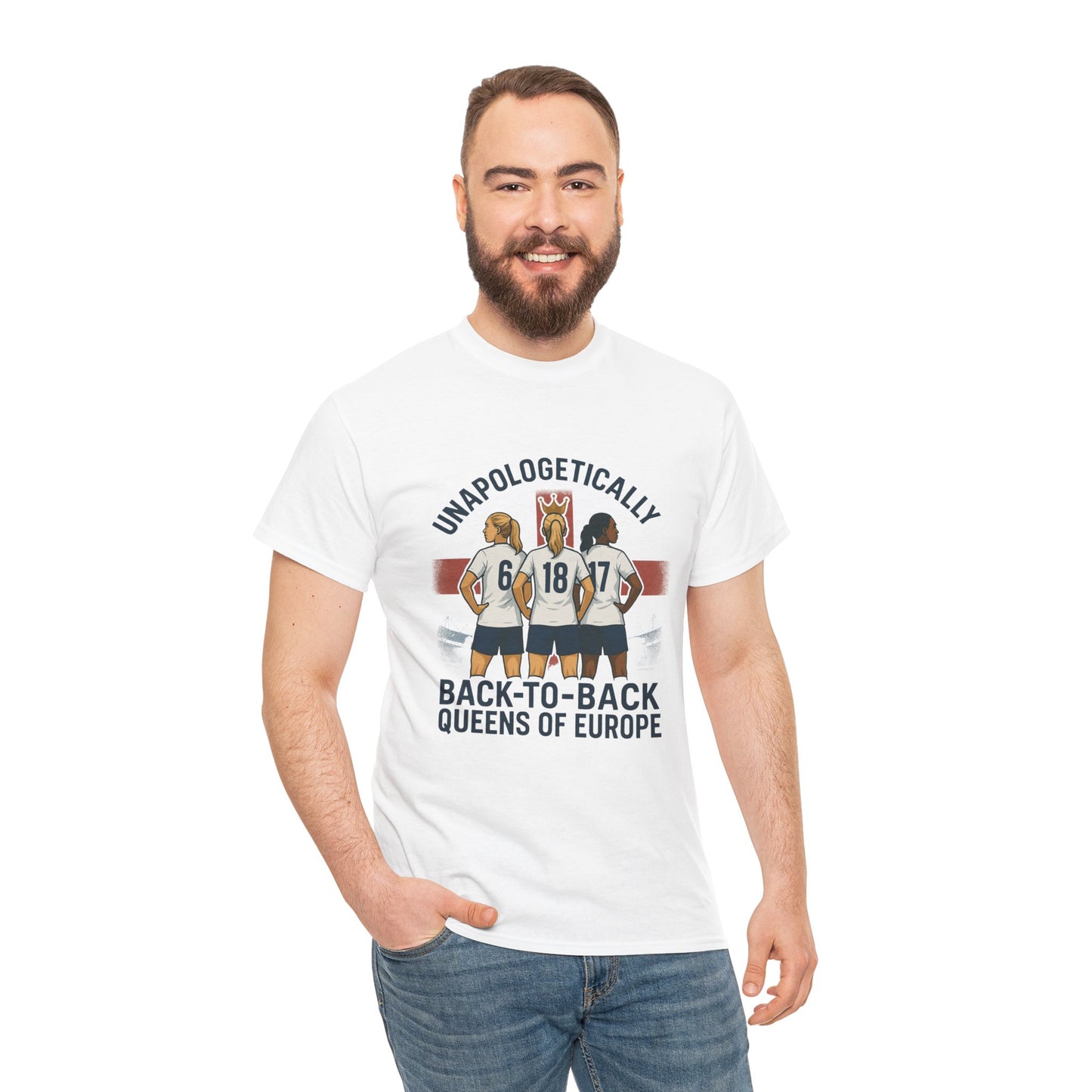 Unisex t-shirt celebrating the England Lionesses' UEFA Euro 2025 victory, featuring a bold graphic of three players in front of the St. George’s Cross. A standout piece of women’s football merch with the slogan ‘Unapologetically Lionesses – Back-to-Back Queens of Europe.’