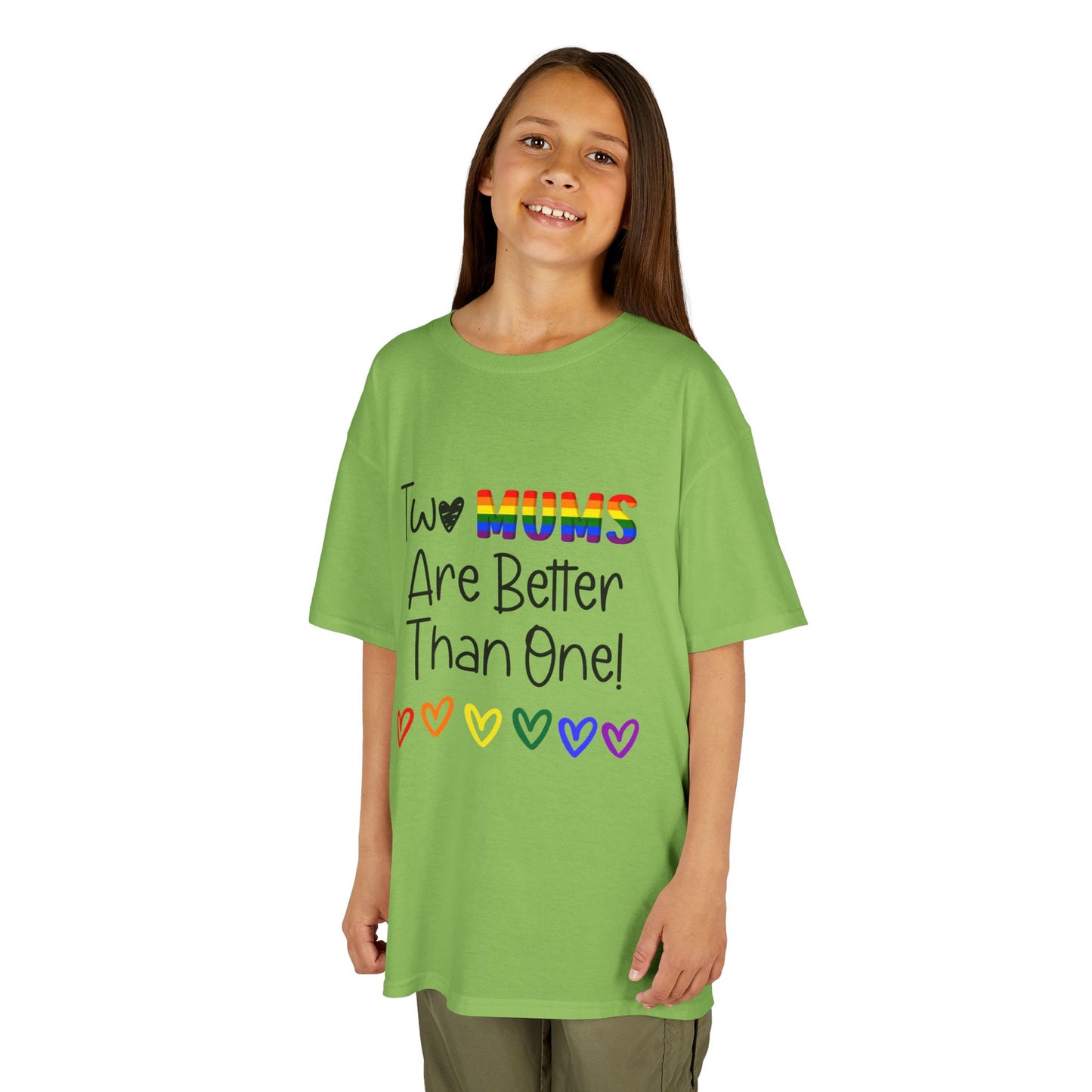 Children’s Pride t-shirt with the playful phrase, “Two Mums Are Better Than One” in bold, text. The design features rainbow elements and a playful, kid-friendly style, celebrating same-sex parents with pride and love.