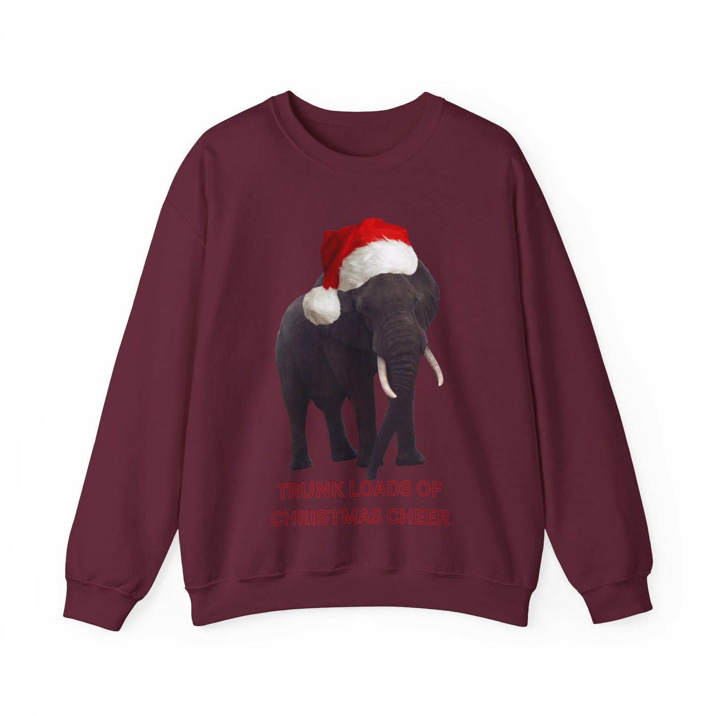 vibrant Elephant themed christmas jumper for animal lovers and wildlife lovers. trunk loads of Christmas Cheer