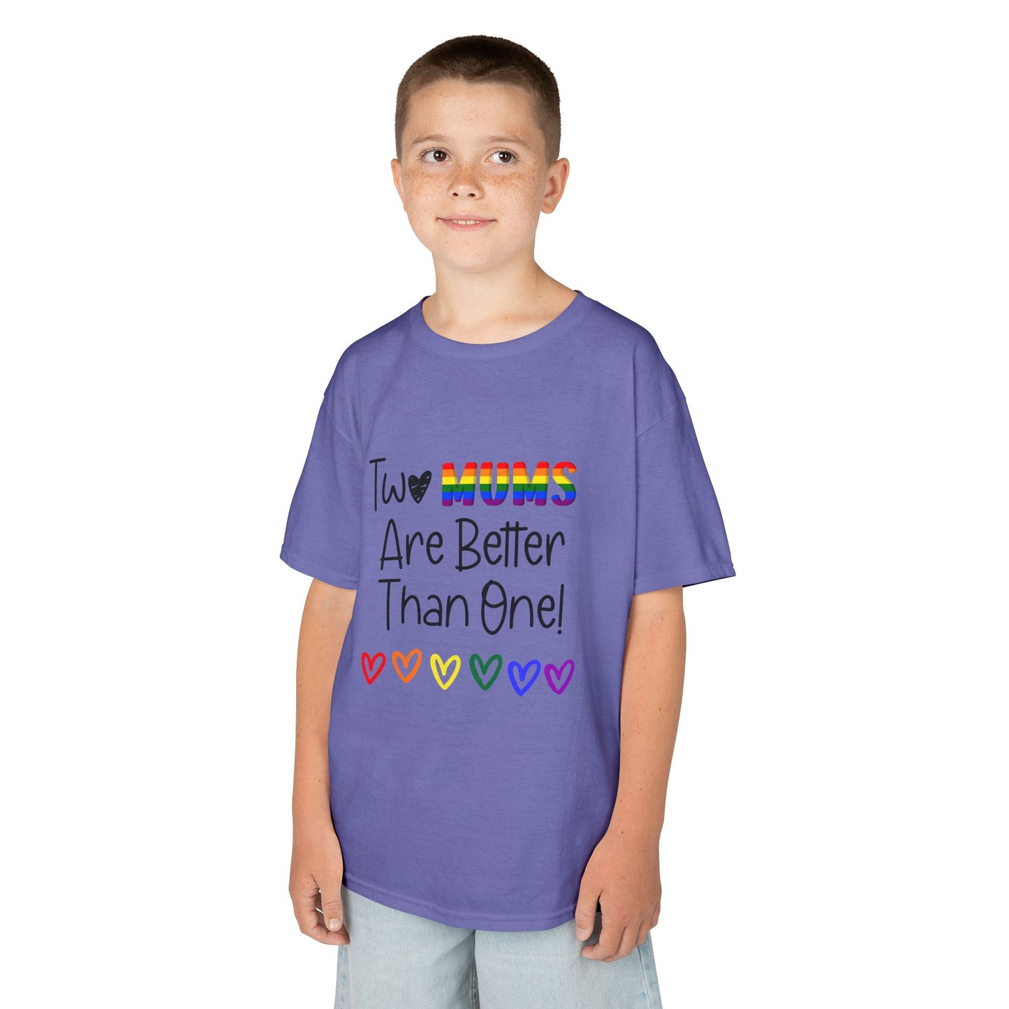 Children’s Pride t-shirt with the playful phrase, “Two Mums Are Better Than One” in bold, text. The design features rainbow elements and a playful, kid-friendly style, celebrating same-sex parents with pride and love.