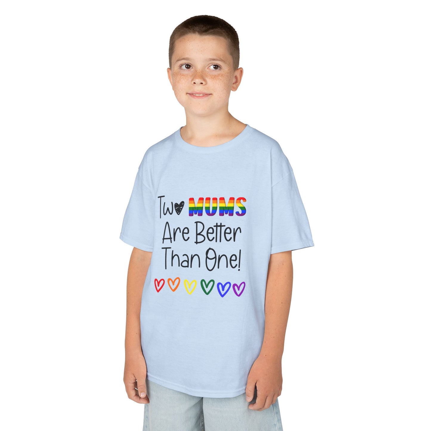 Children’s Pride t-shirt with the playful phrase, “Two Mums Are Better Than One” in bold, text. The design features rainbow elements and a playful, kid-friendly style, celebrating same-sex parents with pride and love.
