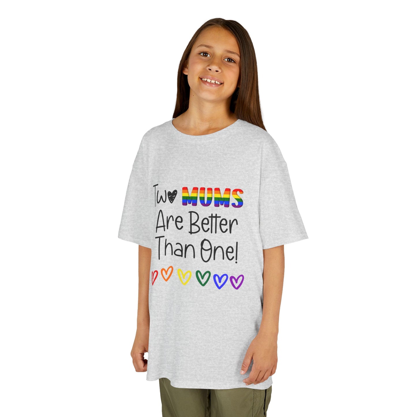 Children’s Pride t-shirt with the playful phrase, “Two Mums Are Better Than One” in bold, text. The design features rainbow elements and a playful, kid-friendly style, celebrating same-sex parents with pride and love.