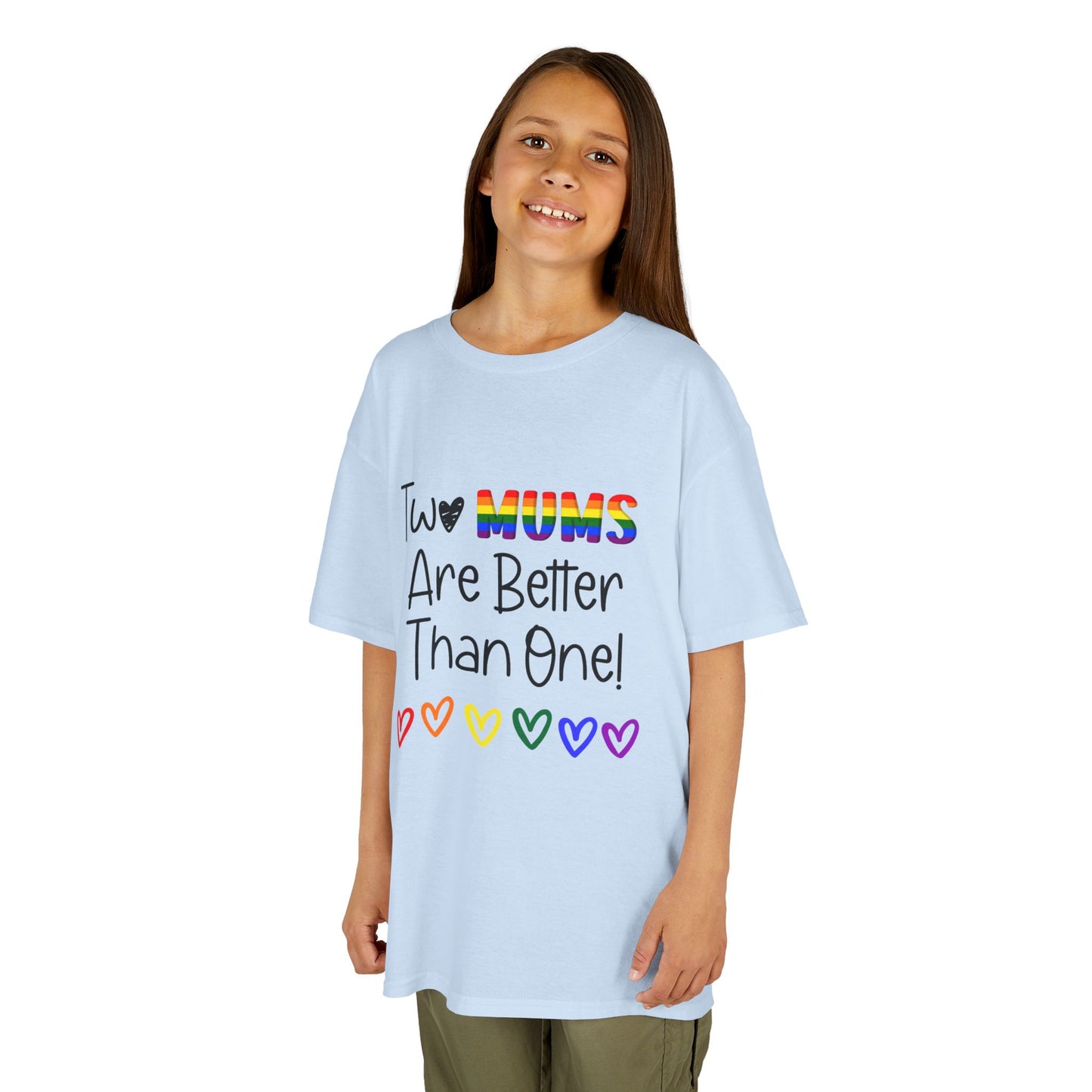 Children’s Pride t-shirt with the playful phrase, “Two Mums Are Better Than One” in bold, text. The design features rainbow elements and a playful, kid-friendly style, celebrating same-sex parents with pride and love.