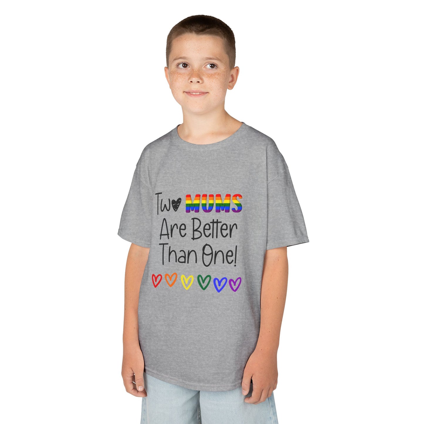 Children’s Pride t-shirt with the playful phrase, “Two Mums Are Better Than One” in bold, text. The design features rainbow elements and a playful, kid-friendly style, celebrating same-sex parents with pride and love.
