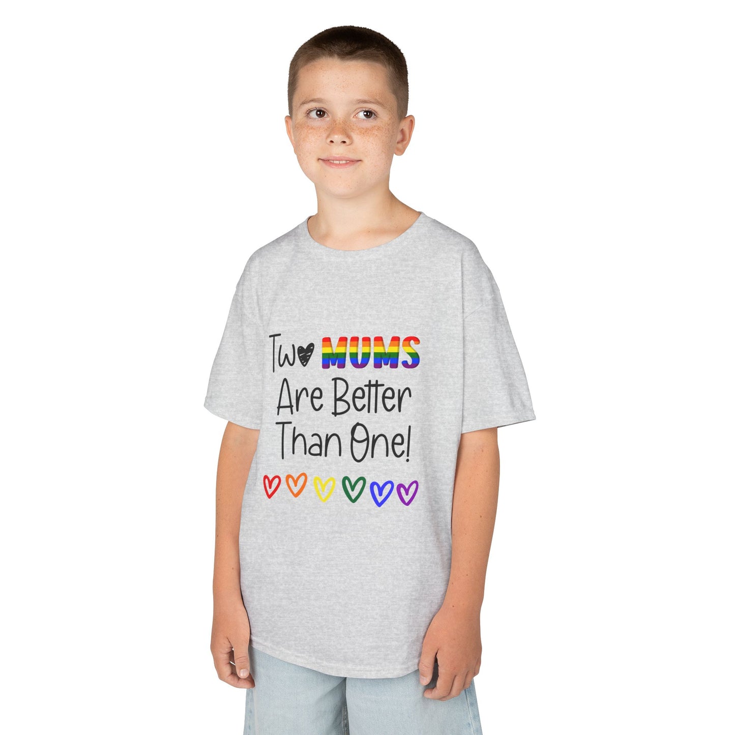 Children’s Pride t-shirt with the playful phrase, “Two Mums Are Better Than One” in bold, text. The design features rainbow elements and a playful, kid-friendly style, celebrating same-sex parents with pride and love.