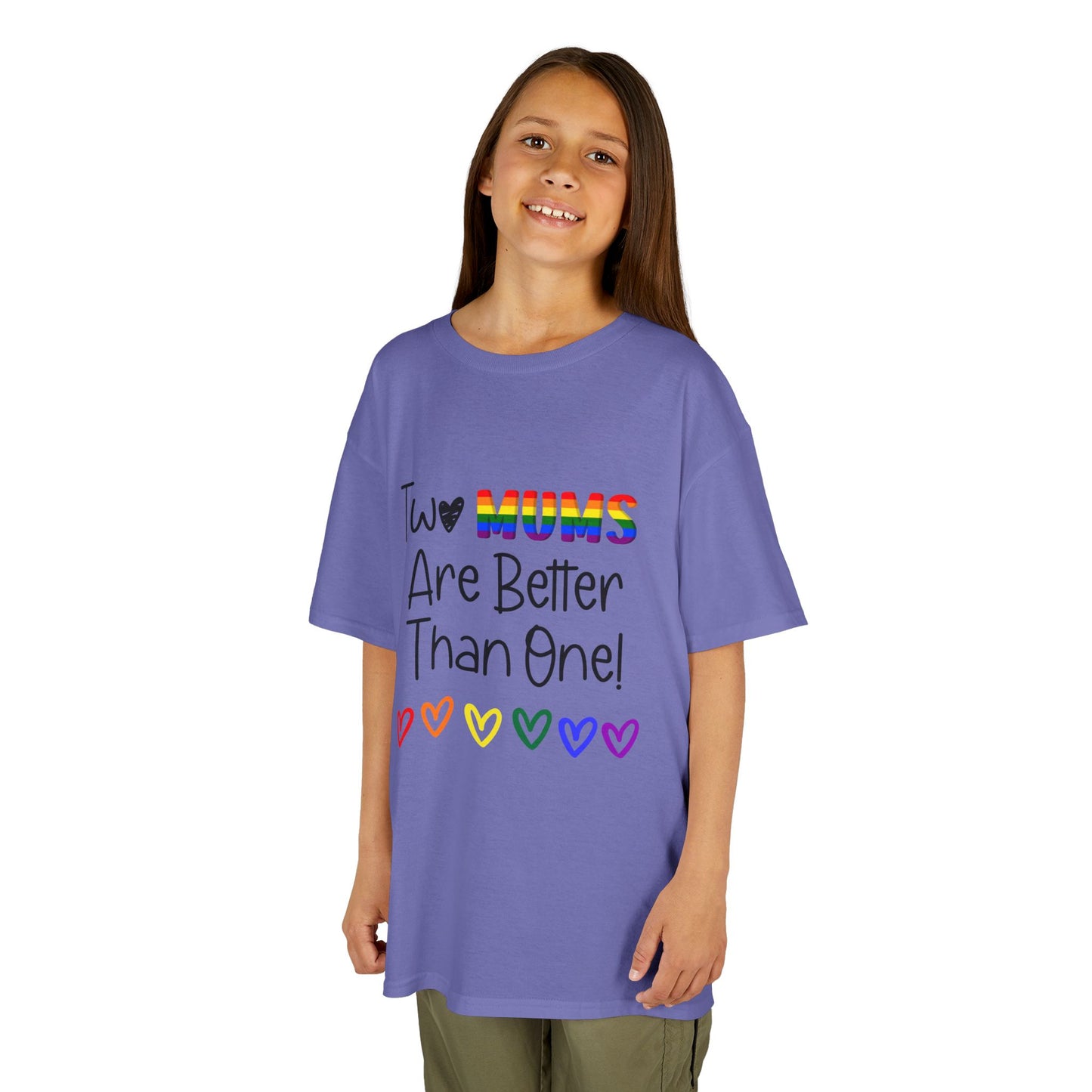 Children’s Pride t-shirt with the playful phrase, “Two Mums Are Better Than One” in bold, text. The design features rainbow elements and a playful, kid-friendly style, celebrating same-sex parents with pride and love.