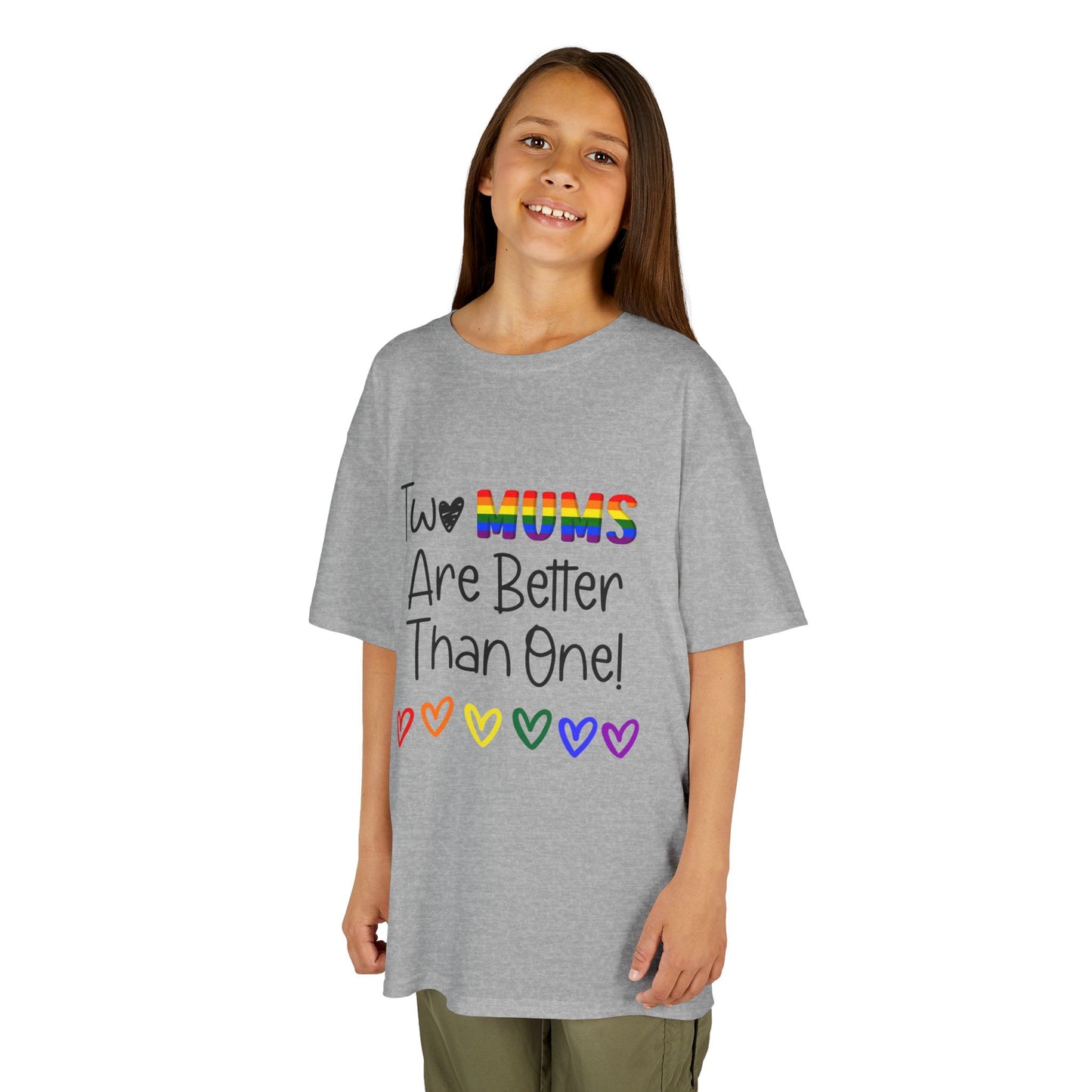 Children’s Pride t-shirt with the playful phrase, “Two Mums Are Better Than One” in bold, text. The design features rainbow elements and a playful, kid-friendly style, celebrating same-sex parents with pride and love.