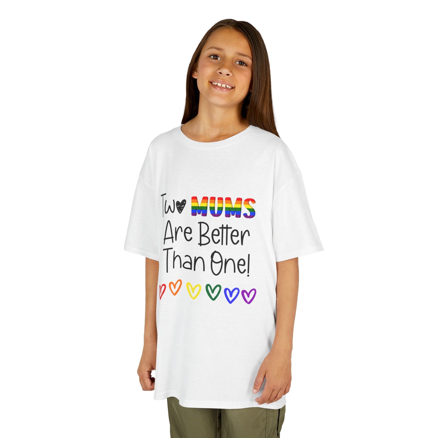 Children’s Pride t-shirt with the playful phrase, “Two Mums Are Better Than One” in bold, text. The design features rainbow elements and a playful, kid-friendly style, celebrating same-sex parents with pride and love.