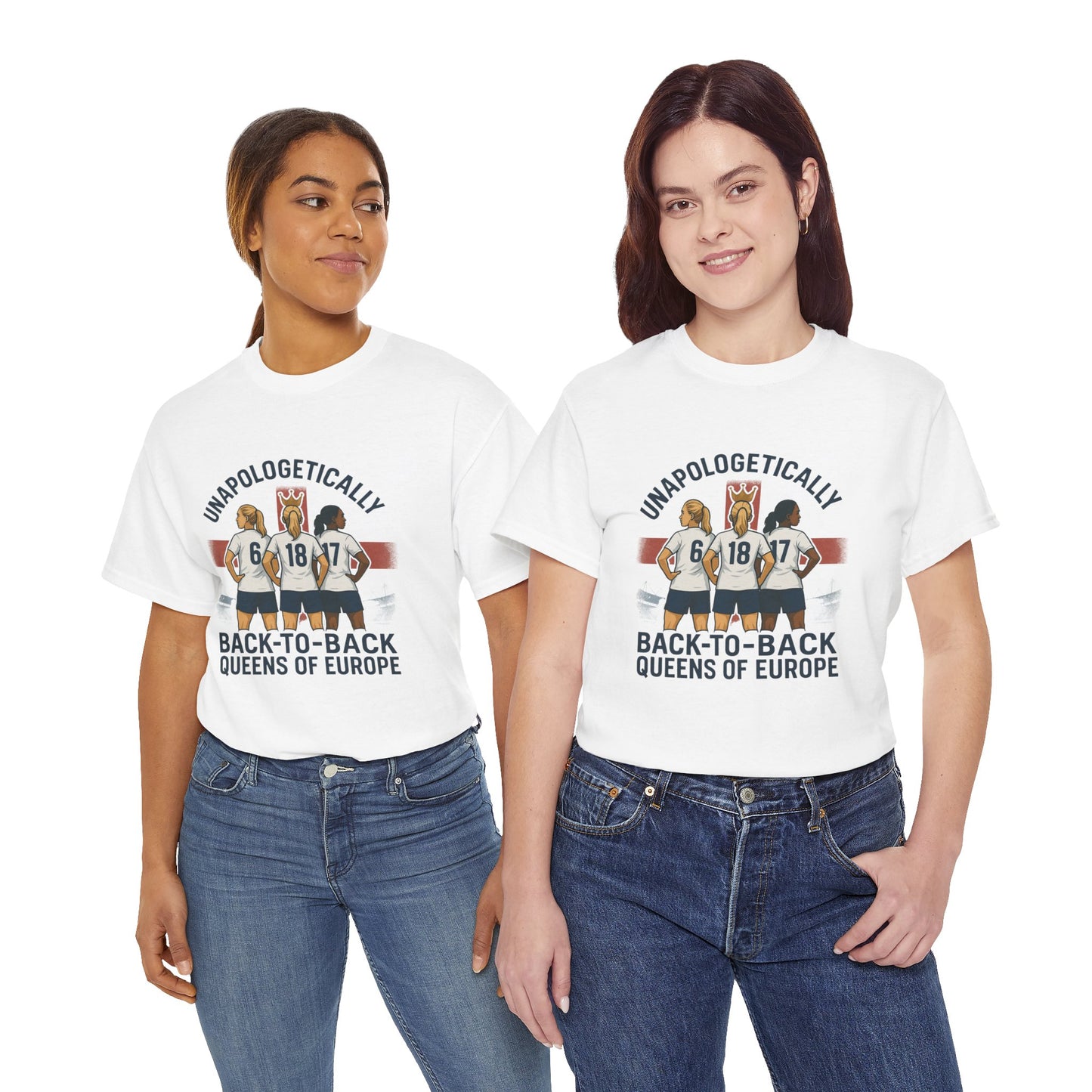 Unisex t-shirt celebrating the England Lionesses' UEFA Euro 2025 victory, featuring a bold graphic of three players in front of the St. George’s Cross. A standout piece of women’s football merch with the slogan ‘Unapologetically Lionesses – Back-to-Back Queens of Europe.’