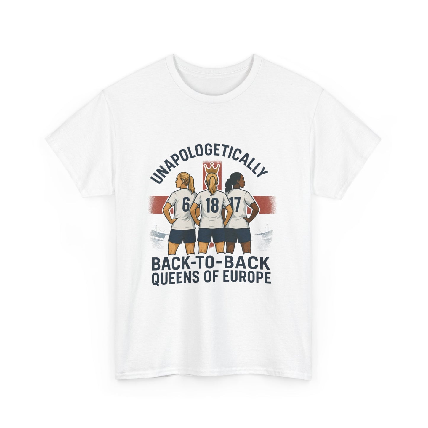 Unisex t-shirt celebrating the England Lionesses' UEFA Euro 2025 victory, featuring a bold graphic of three players in front of the St. George’s Cross. A standout piece of women’s football merch with the slogan ‘Unapologetically Lionesses – Back-to-Back Queens of Europe.’