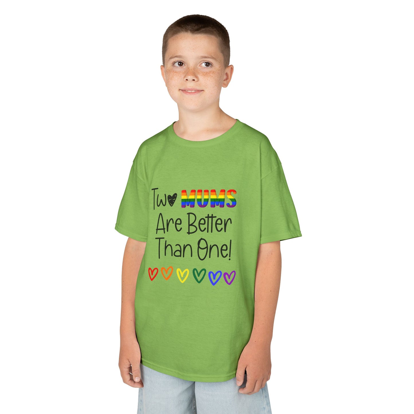 Children’s Pride t-shirt with the playful phrase, “Two Mums Are Better Than One” in bold, text. The design features rainbow elements and a playful, kid-friendly style, celebrating same-sex parents with pride and love.