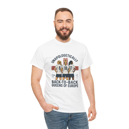 Unisex t-shirt celebrating the England Lionesses' UEFA Euro 2025 victory, featuring a bold graphic of three players in front of the St. George’s Cross. A standout piece of women’s football merch with the slogan ‘Unapologetically Lionesses – Back-to-Back Queens of Europe.’