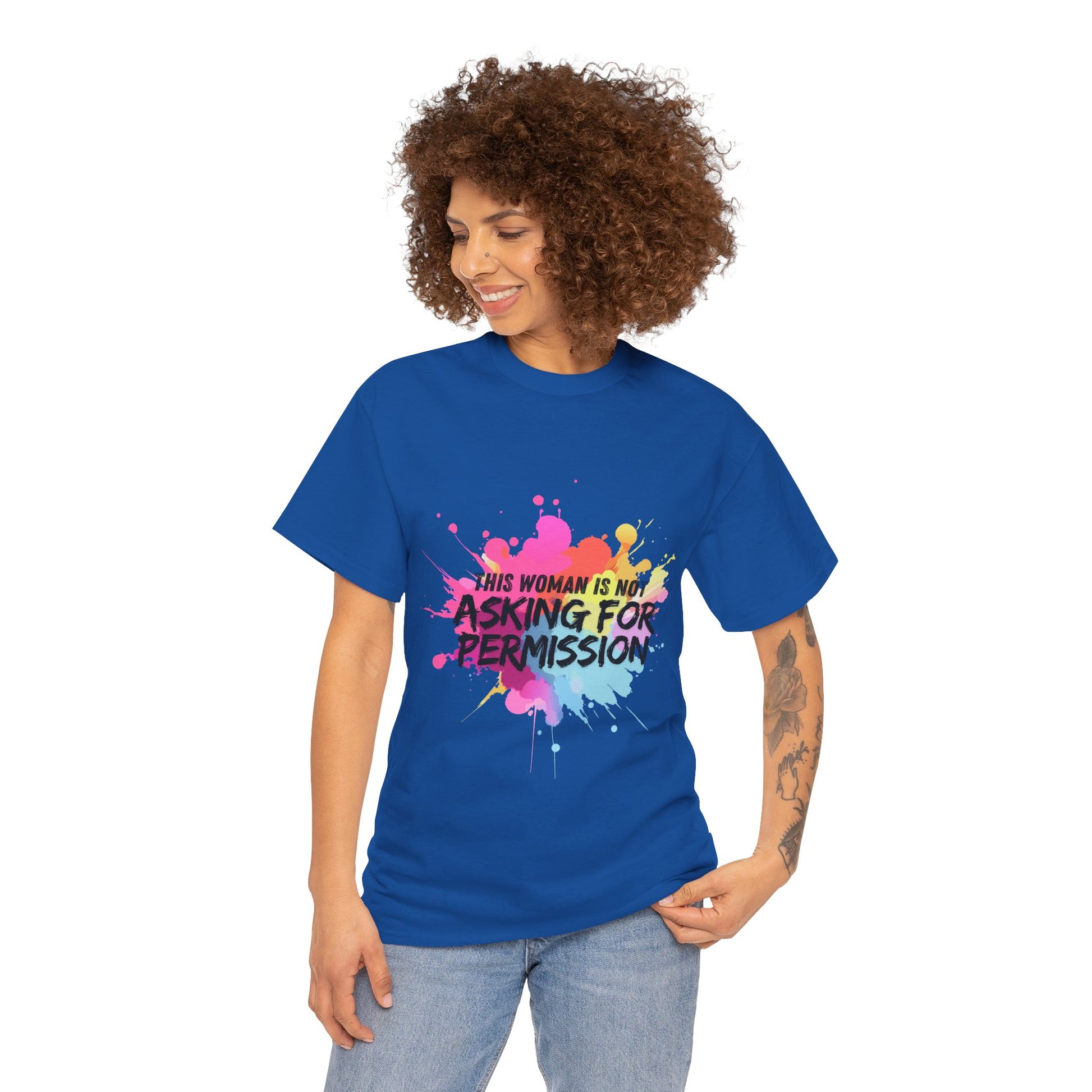 Unisex t-shirt with bold slogan ‘This Woman Is Not Asking For Permission’ — inspired by Laverne Cox, empowering trans and feminist fashion by Zankie Creative, for unapologetically authentic expression.