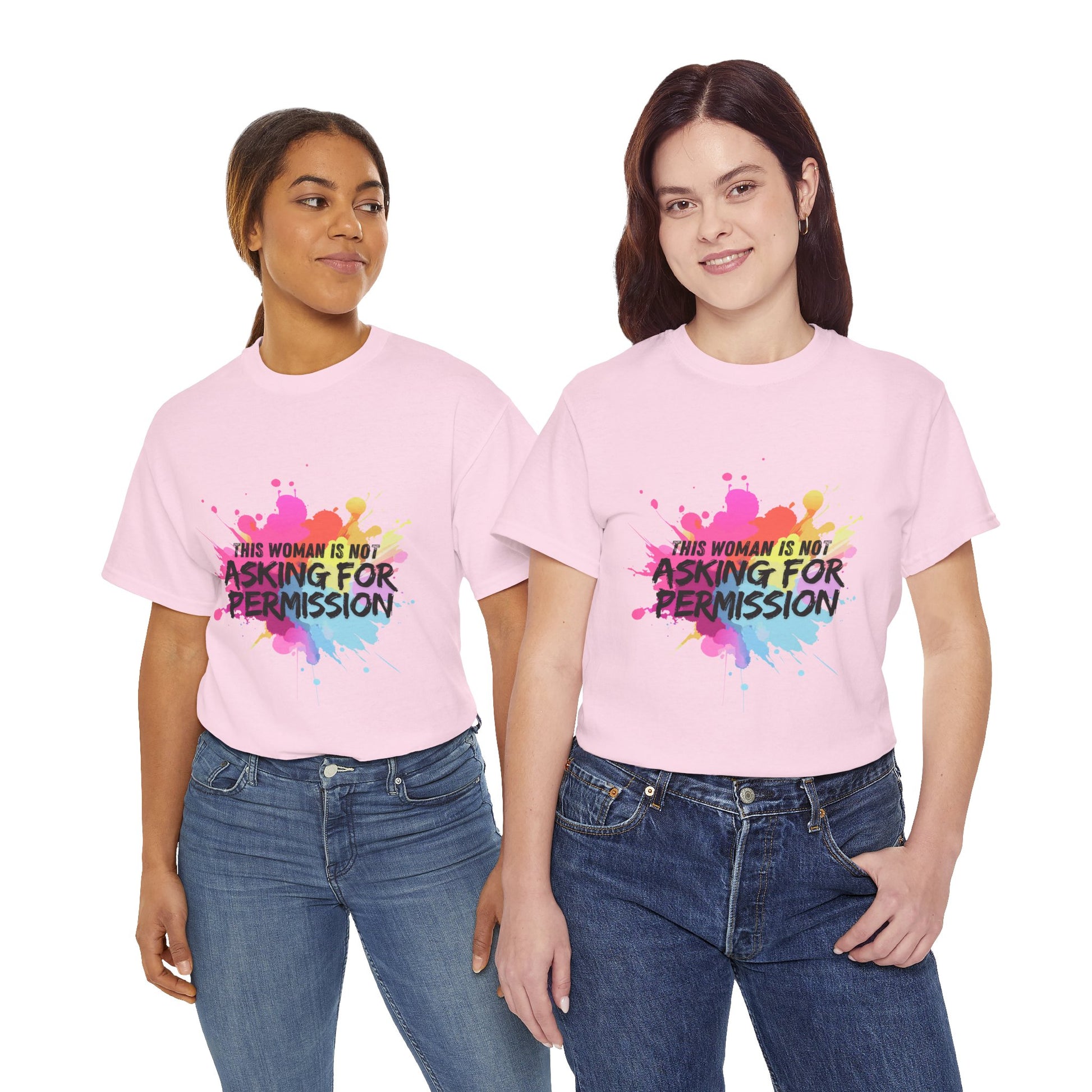 Unisex t-shirt with bold slogan ‘This Woman Is Not Asking For Permission’ — inspired by Laverne Cox, empowering trans and feminist fashion by Zankie Creative, for unapologetically authentic expression.