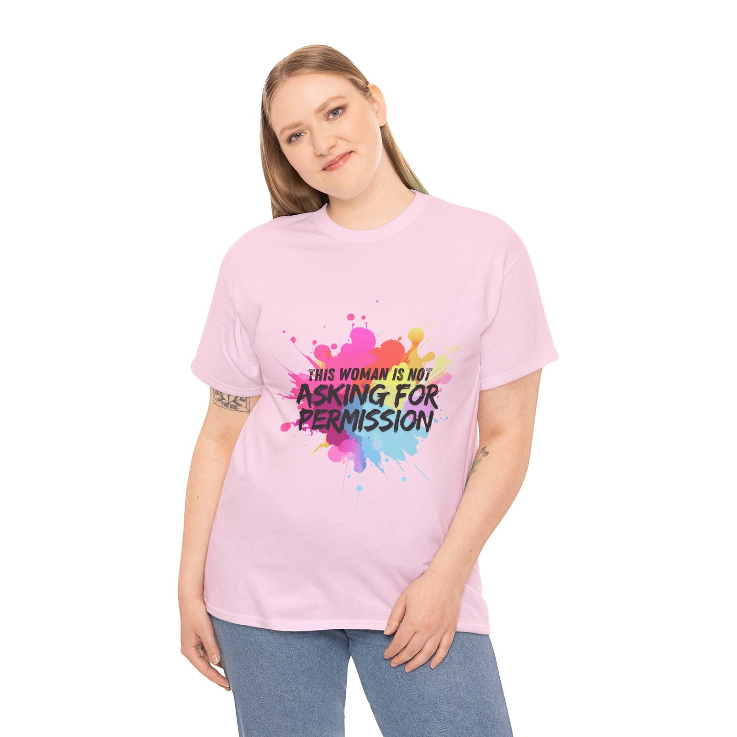 Unisex t-shirt with bold slogan ‘This Woman Is Not Asking For Permission’ — inspired by Laverne Cox, empowering trans and feminist fashion by Zankie Creative, for unapologetically authentic expression.