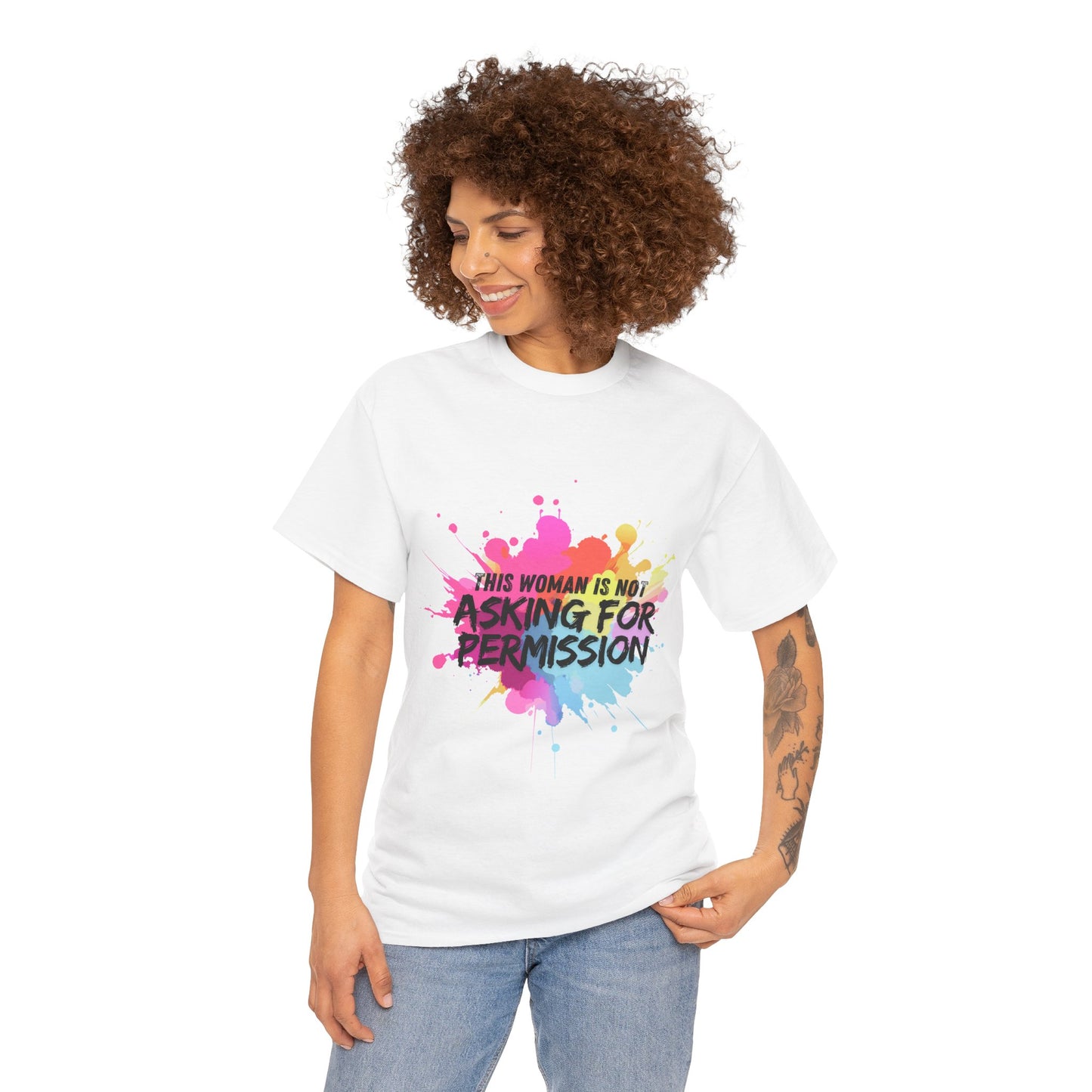 Unisex t-shirt with bold slogan ‘This Woman Is Not Asking For Permission’ — inspired by Laverne Cox, empowering trans and feminist fashion by Zankie Creative, for unapologetically authentic expression.