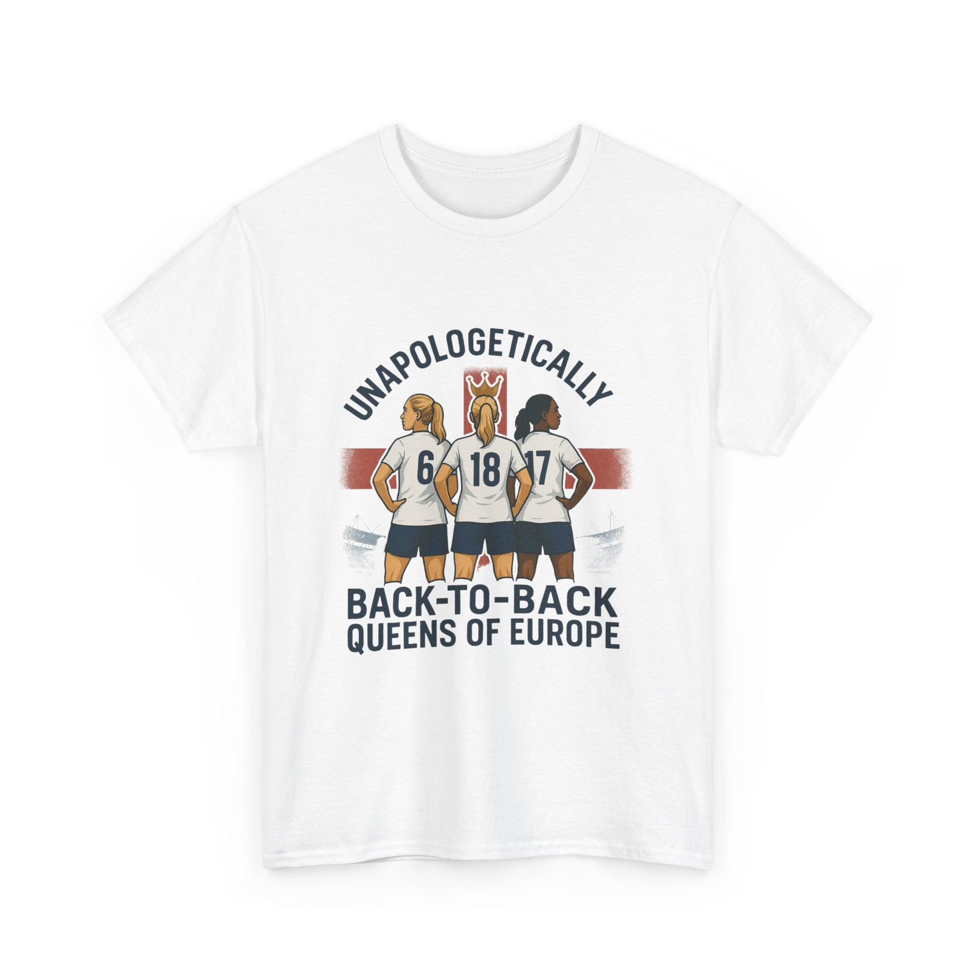 Unisex t-shirt celebrating the England Lionesses' UEFA Euro 2025 victory, featuring a bold graphic of three players in front of the St. George’s Cross. A standout piece of women’s football merch with the slogan ‘Unapologetically Lionesses – Back-to-Back Queens of Europe.’