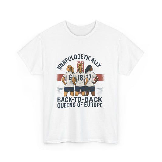 Unisex t-shirt celebrating the England Lionesses' UEFA Euro 2025 victory, featuring a bold graphic of three players in front of the St. George’s Cross. A standout piece of women’s football merch with the slogan ‘Unapologetically Lionesses – Back-to-Back Queens of Europe.’