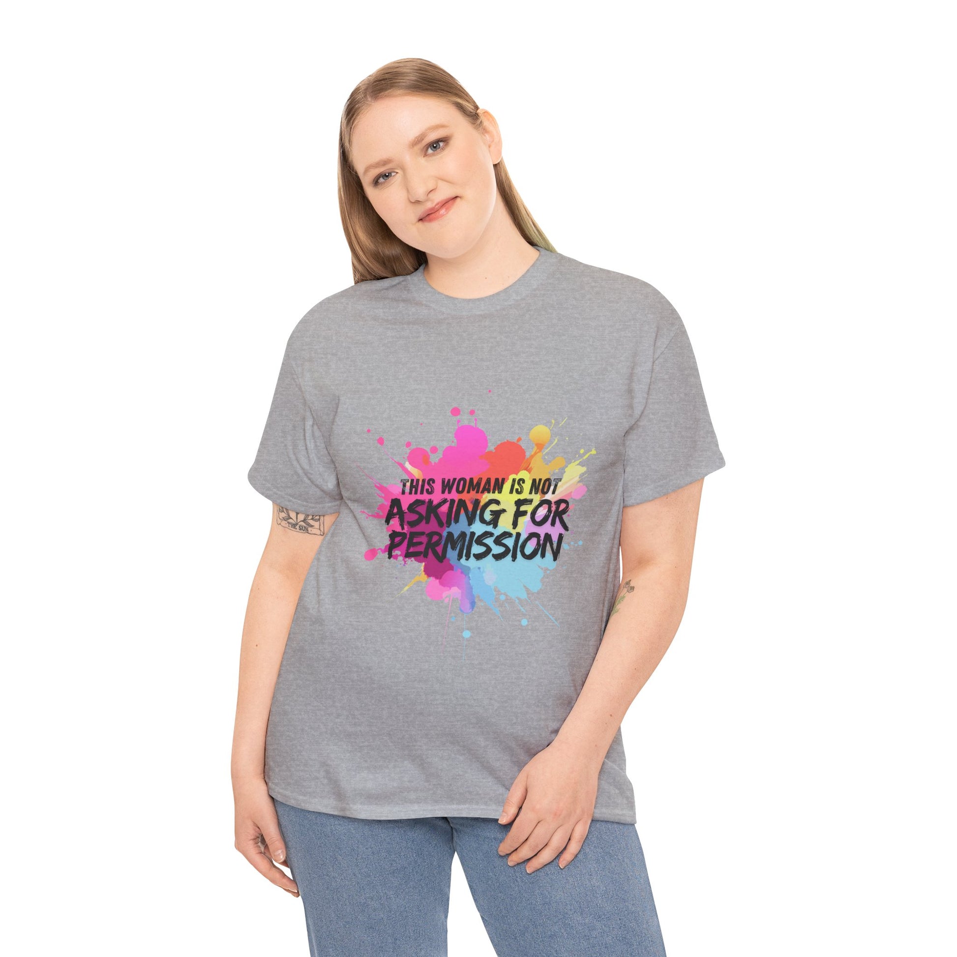 Unisex t-shirt with bold slogan ‘This Woman Is Not Asking For Permission’ — inspired by Laverne Cox, empowering trans and feminist fashion by Zankie Creative, for unapologetically authentic expression.